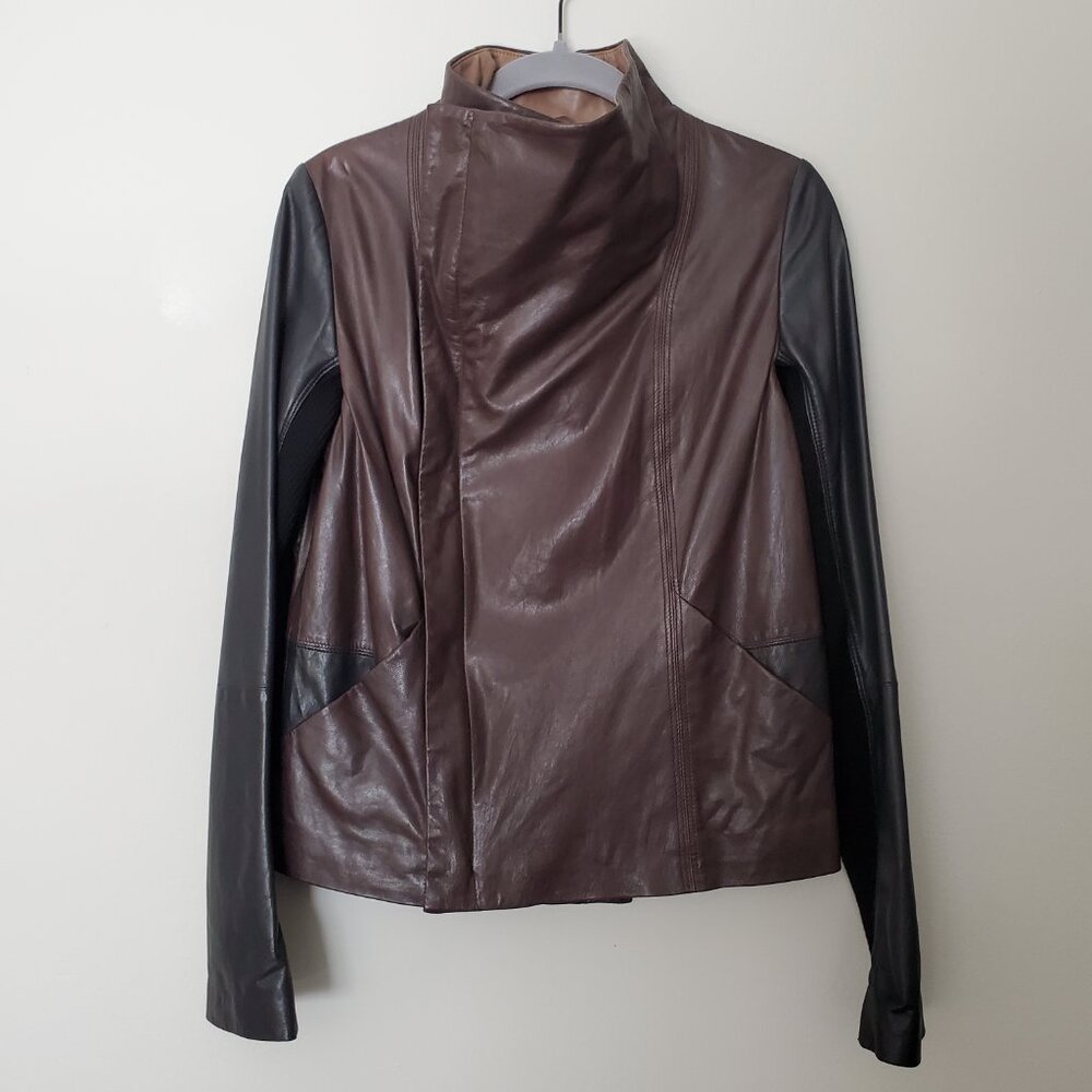 Vince Colorblock Lamb Leather Moto Jacket in Espresso Black Oak S NWOT